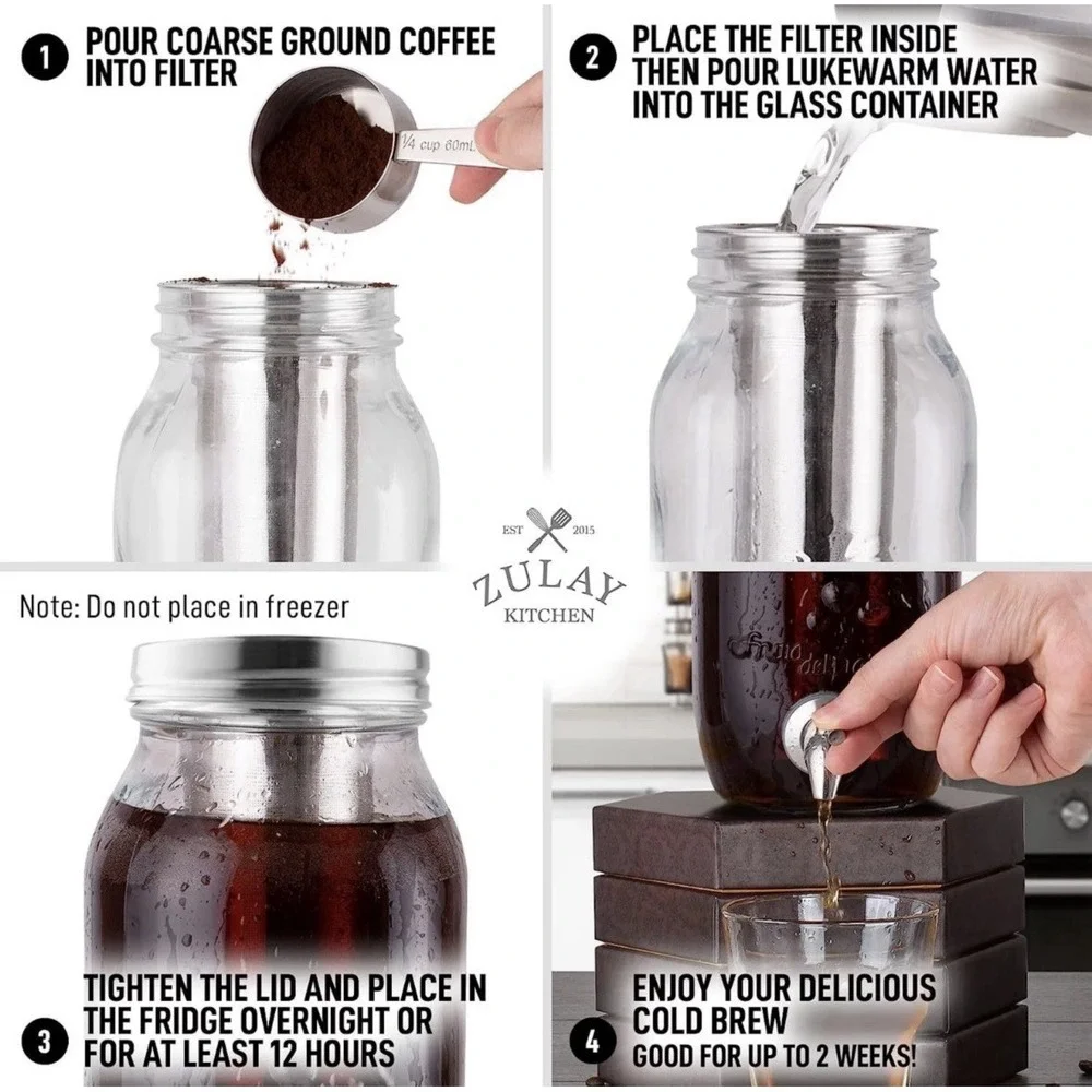 Zulay Kitchen 1.5 L Cold Brew Coffee Maker Glass Carafe Stainless Steel Filter